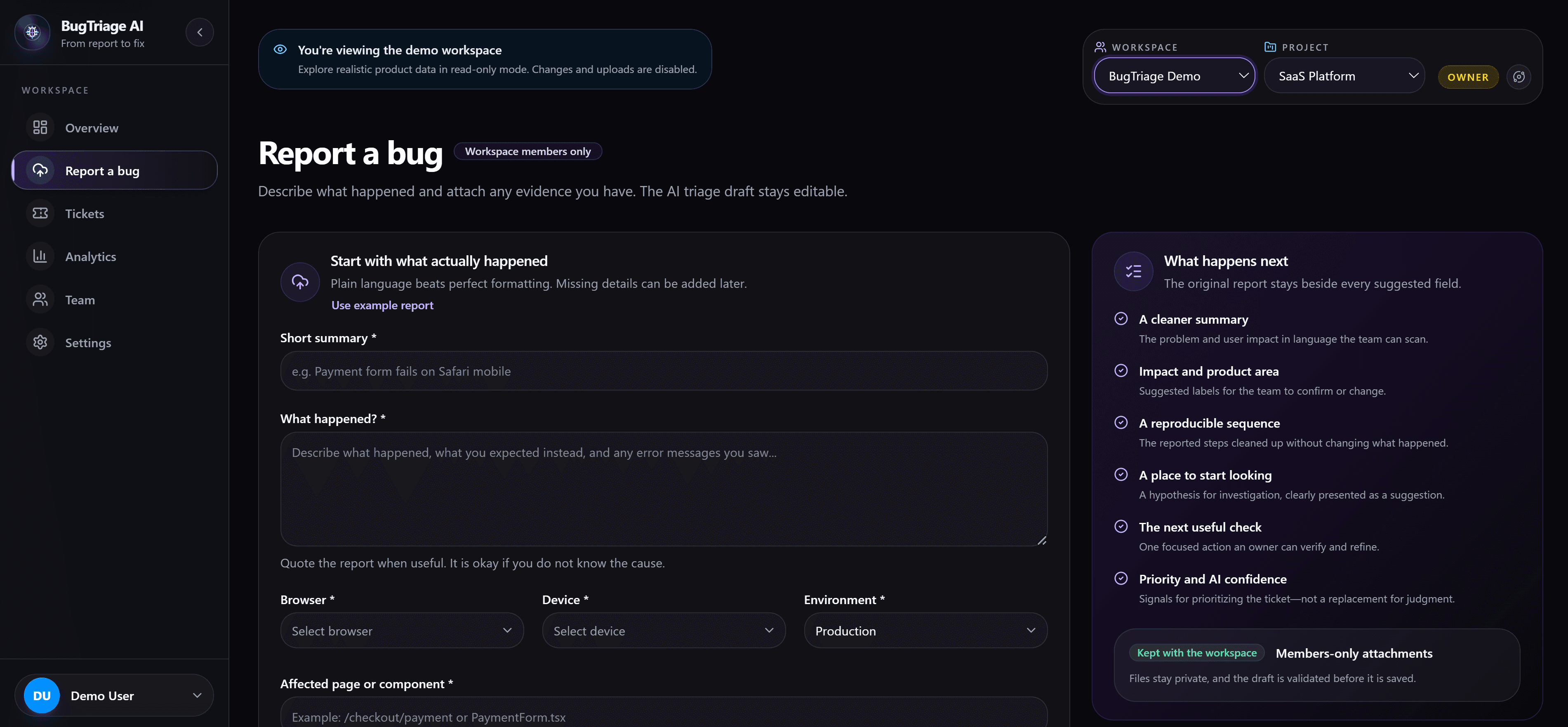BugTriage AI submit bug form and the list of structured fields generated by AI